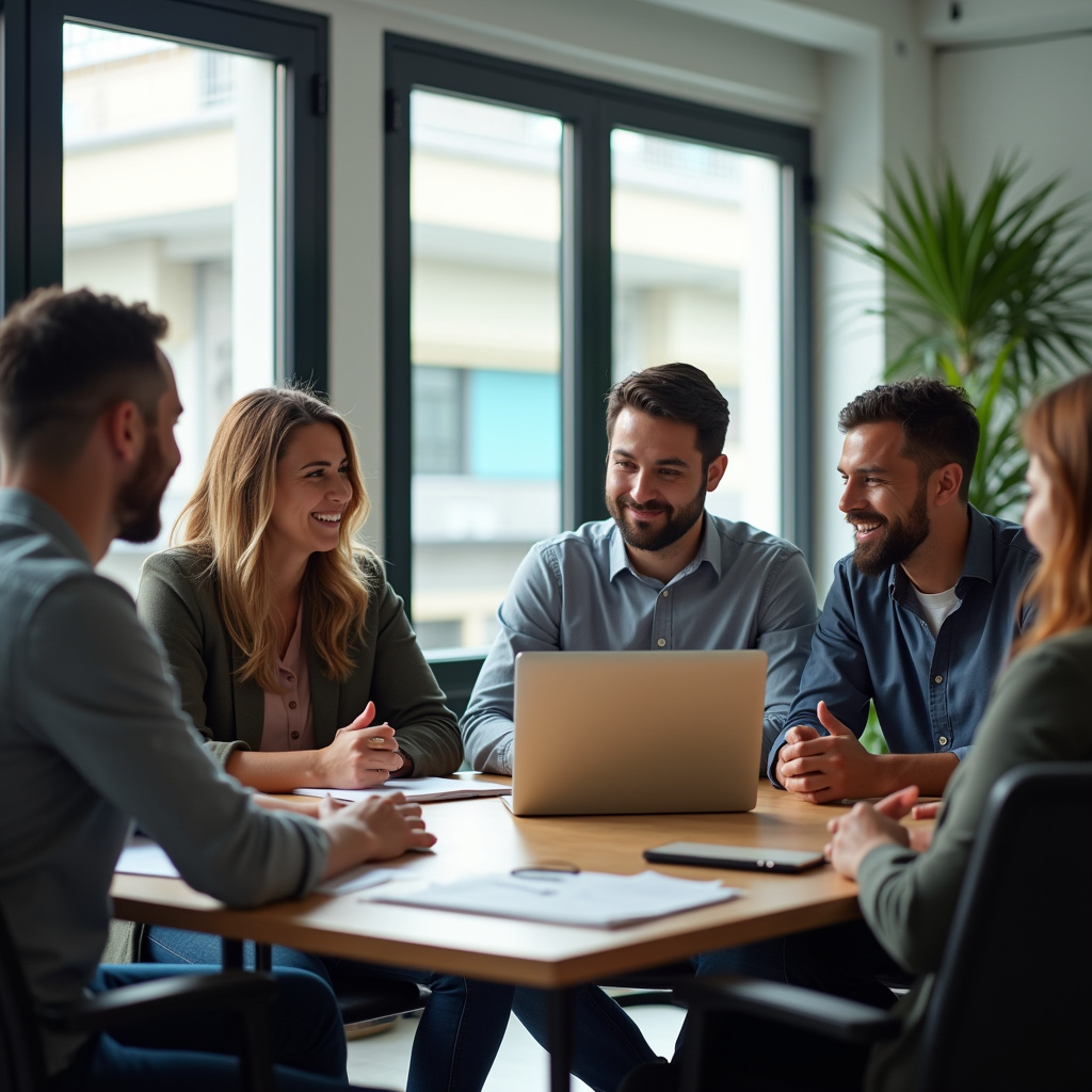 A diverse group discussing digital marketing strategies in a modern Brazilian office with natural Grupo diverso discutindo estratégias de marketing digital.