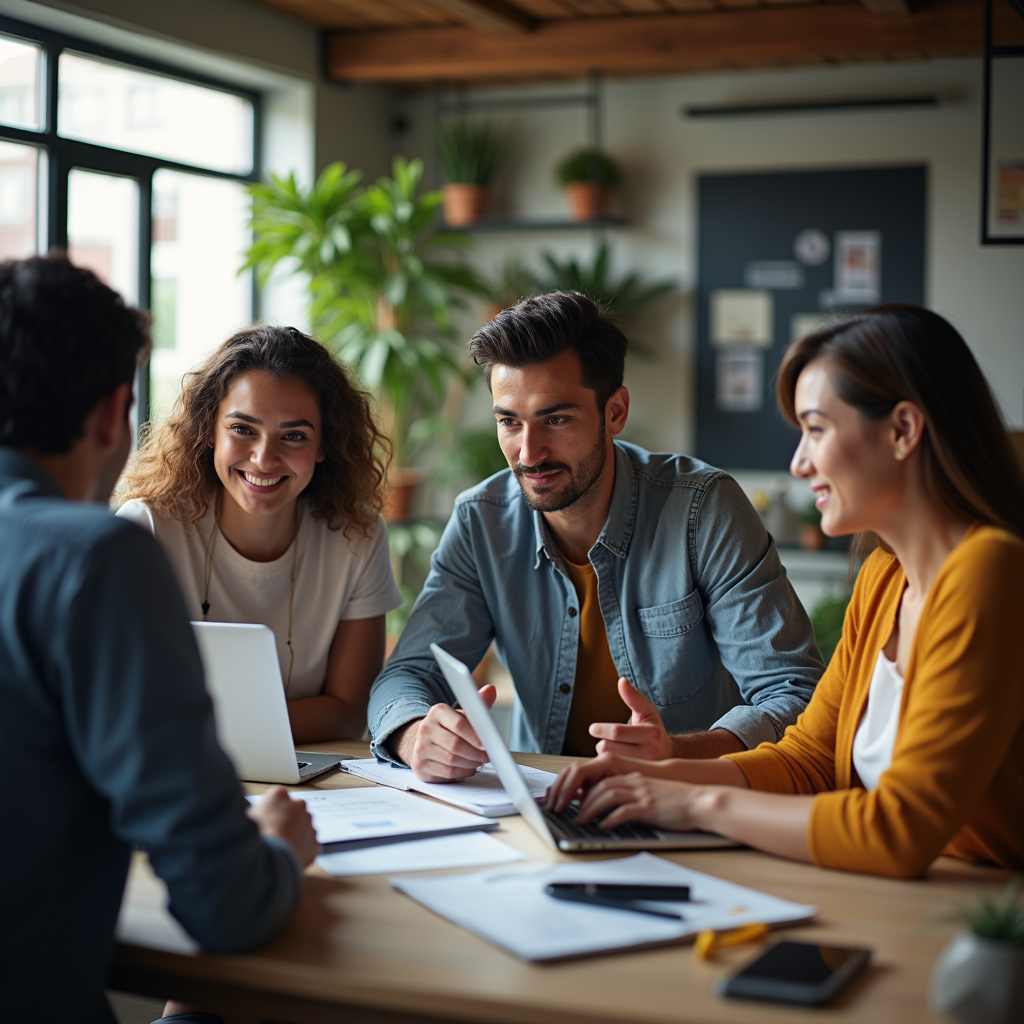 A diverse team collaborating on digital marketing strategies in a vibrant Brazilian office. Natural Equipe de marketing digital colaborando em estratégias de tráfego pago.