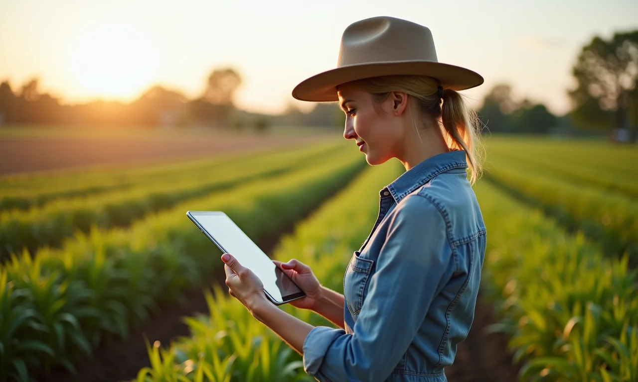 Agricultora analisando dados de drones para agricultura de precisão.