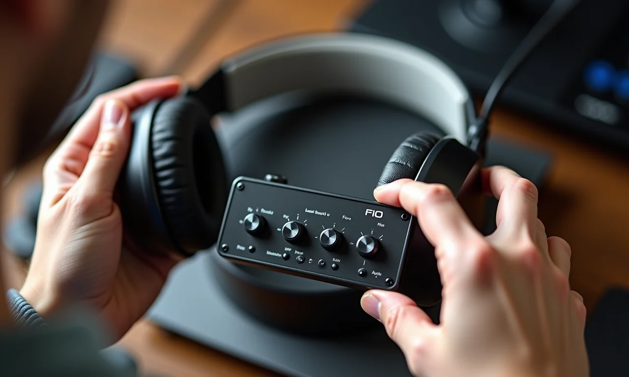 Ajustando configurações de áudio em uma placa de som USB FiiO.