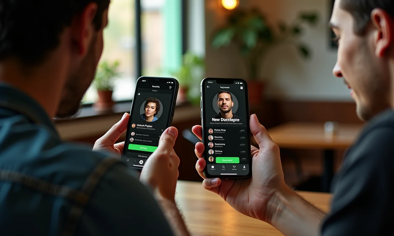 Amigos convidando para colaborar em playlist do Spotify em café.