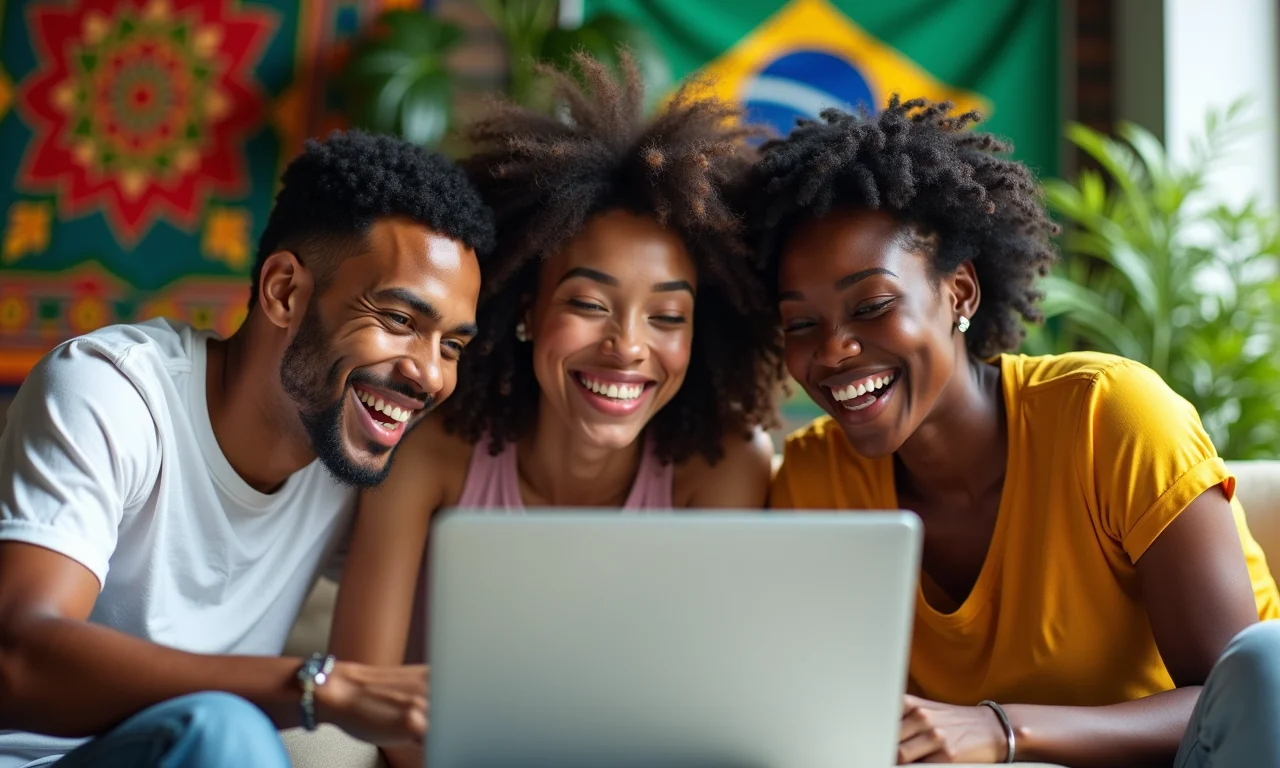 Amigos rindo enquanto colaboram em playlist do Spotify.