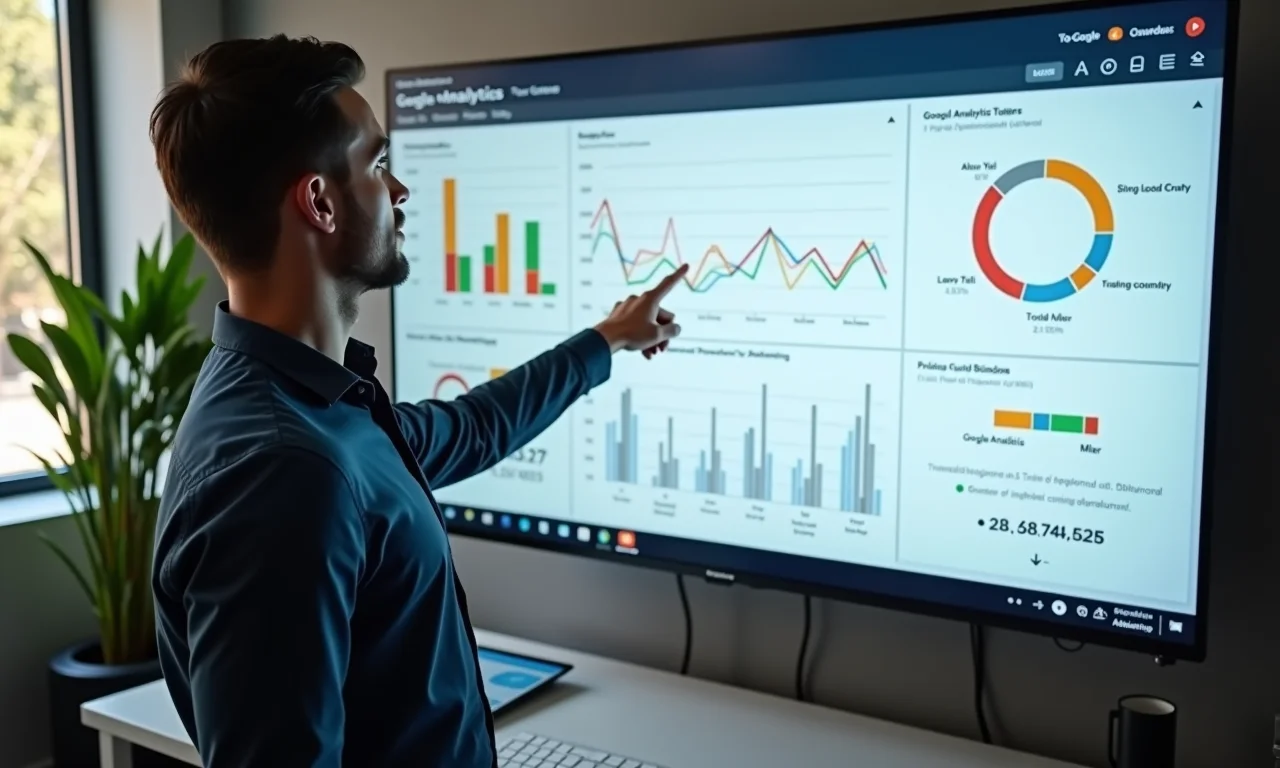 Analista apontando para métricas importantes do Google Analytics.