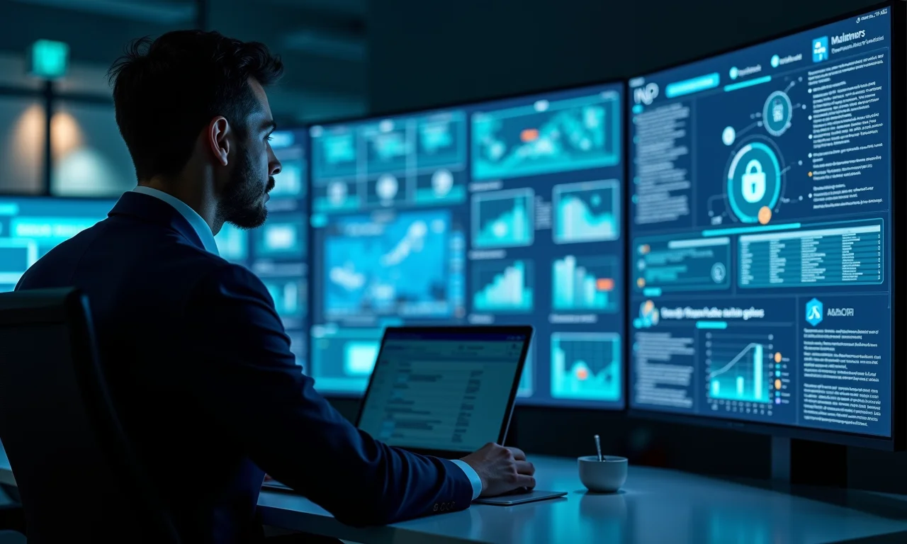 Analista de segurança monitorando múltiplas máquinas virtuais em um ambiente seguro.