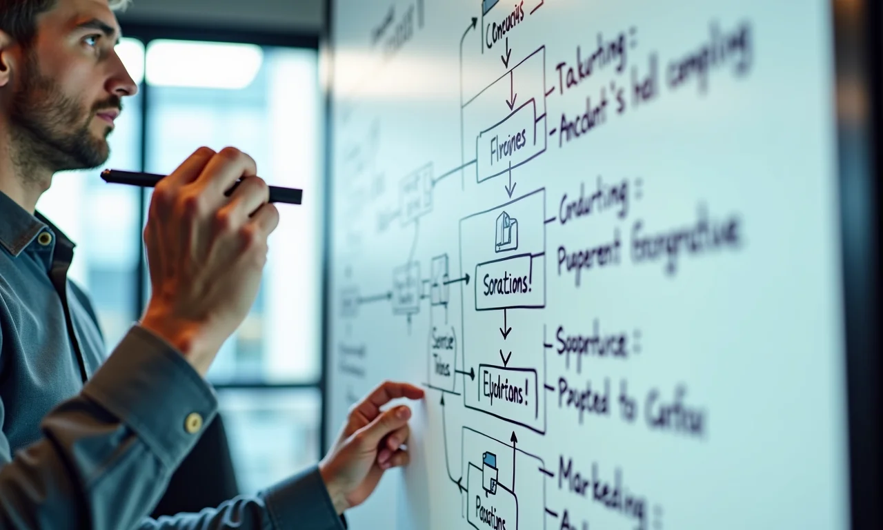 Arquiteto de software esboçando um diagrama de serviços comunicando de forma assíncrona usando goroutines.