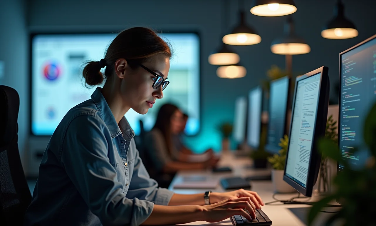 Arquiteto de software revisando código bem elaborado em um ambiente de co-working brasileiro.