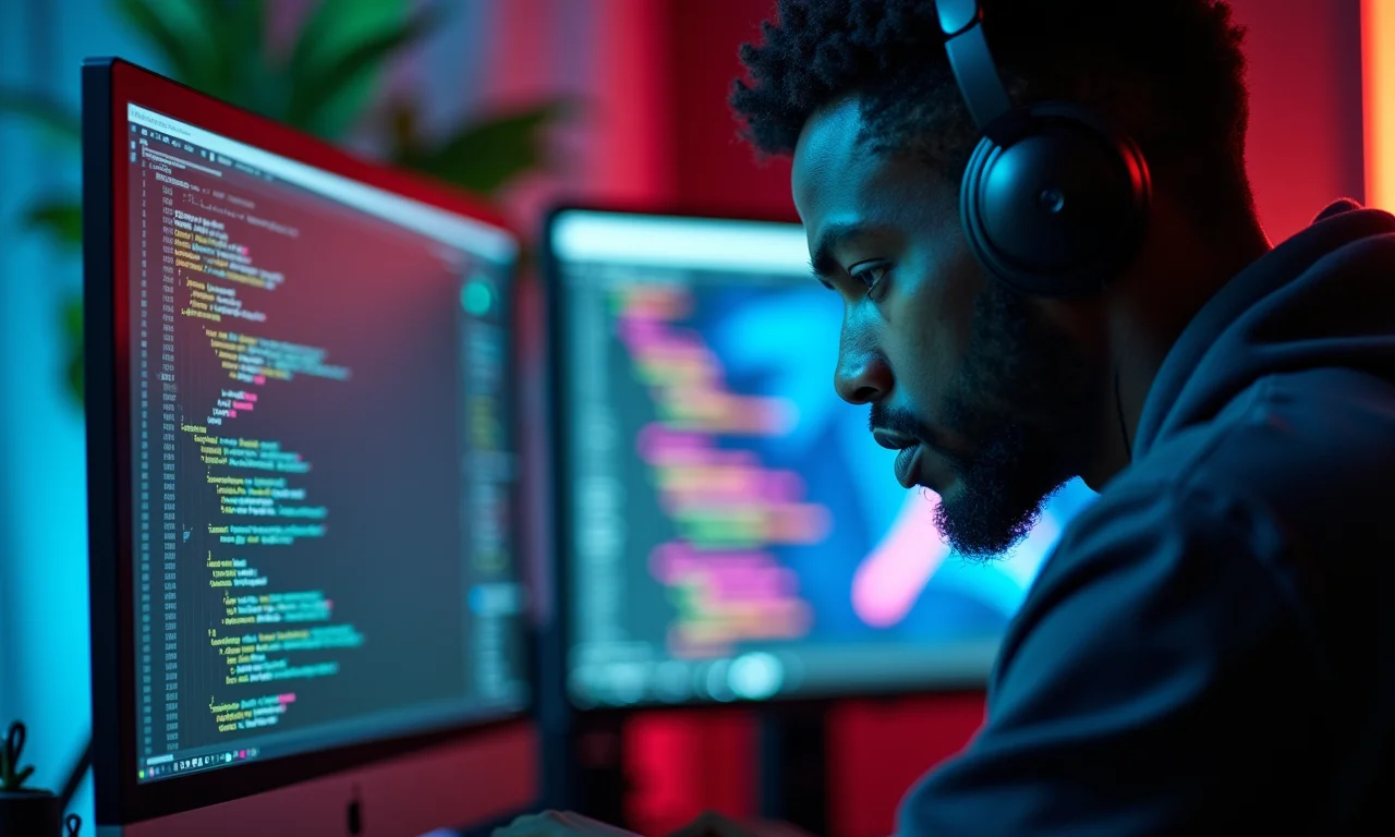 Artista técnico trabalhando com código shader complexo em vários monitores.