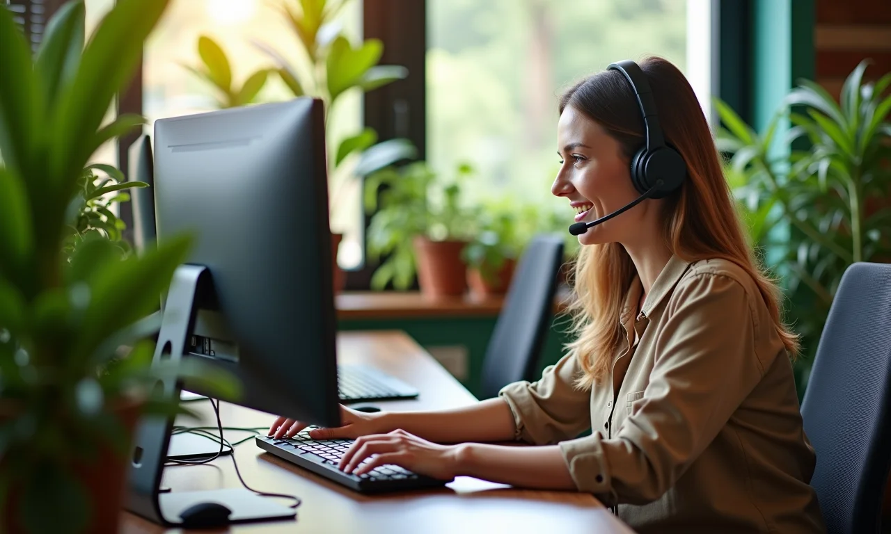 Atendente de suporte auxiliando cliente no computador.