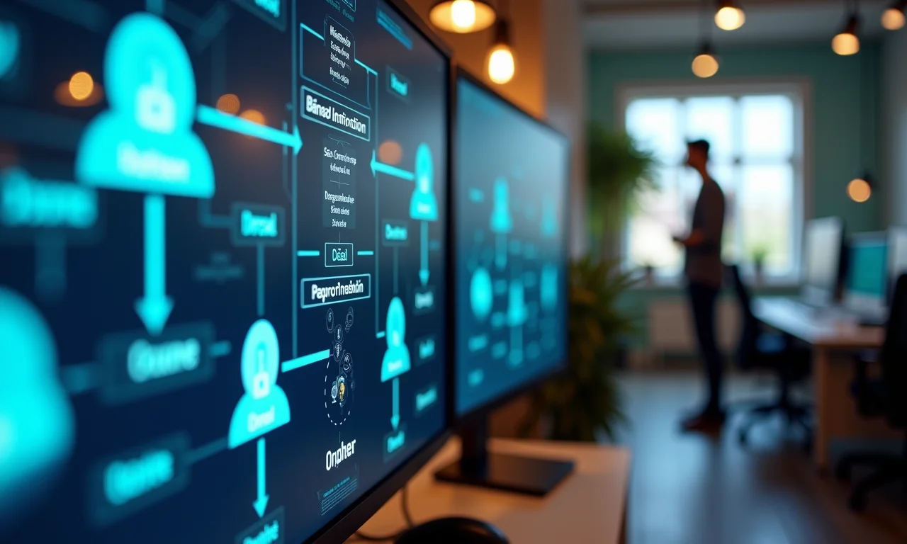 Automação de fluxo de trabalho mostrada em um monitor com nós interconectados.