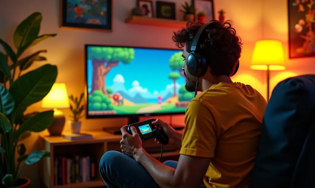 Brasileiro jogando emulador de consoles antigos no PC em sala colorida.