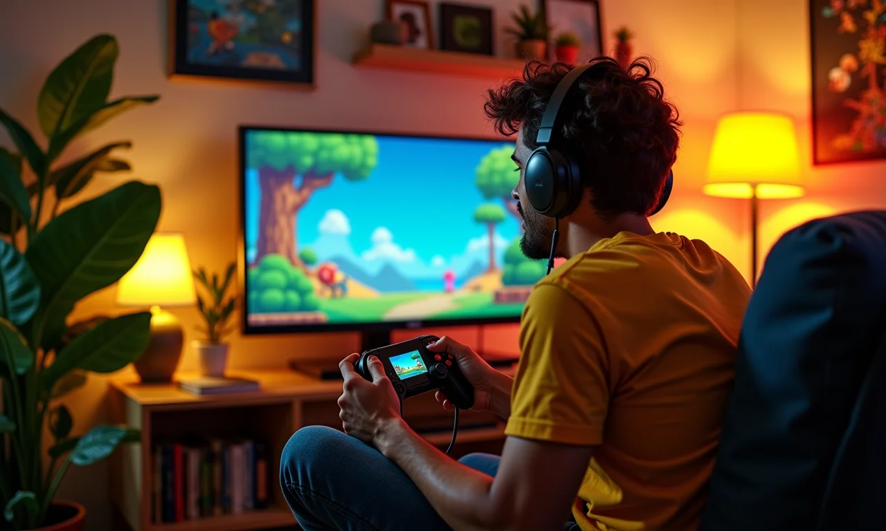 Brasileiro jogando emulador de consoles antigos no PC em sala colorida.