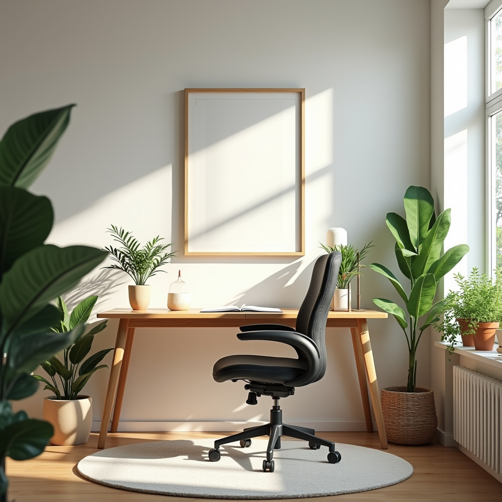 Home office moderno e iluminado com decoração brasileira.