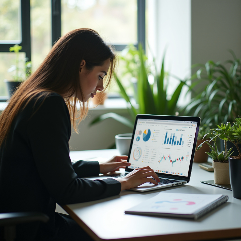 Businesswoman analyzing data dashboards on a laptop, surrounded by plants in a bright, modern Mulher analisando dados de tráfego pago em um escritório moderno.