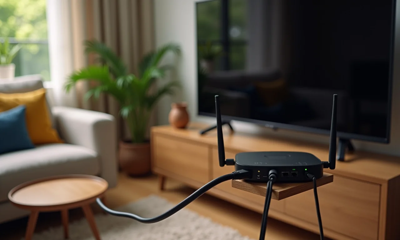 Cabo Cat5e conectando TV smart a roteador em sala de estar brasileira.