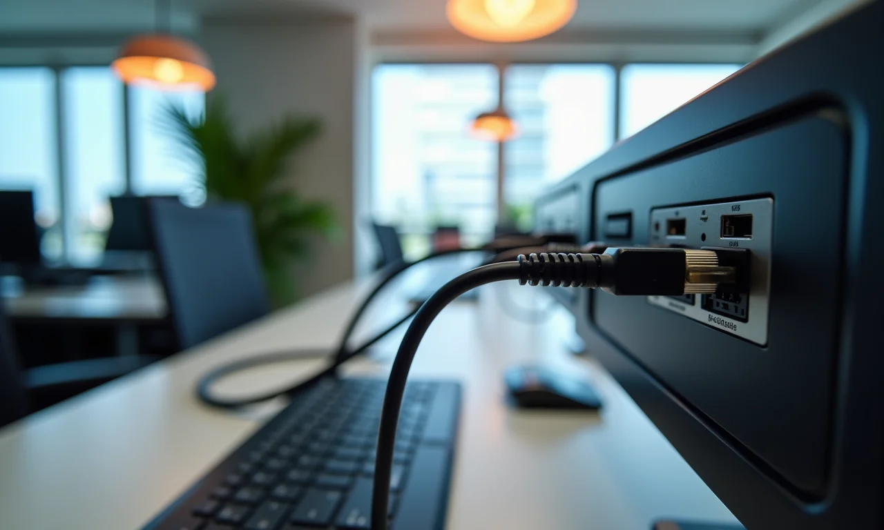 Cabo Cat6 conectando computador de alta performance em escritório moderno.