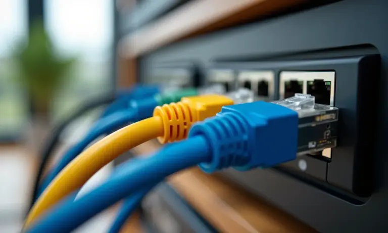 Cabos de rede Cat5e, Cat6, Cat7 e Cat8 organizados em escritório moderno.