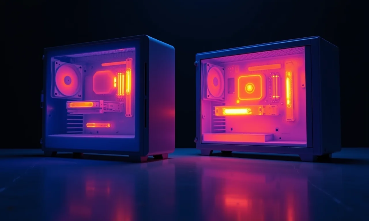 Câmera termal mostrando a distribuição de calor em dois PCs, um com 14600K e outro com 13600K.