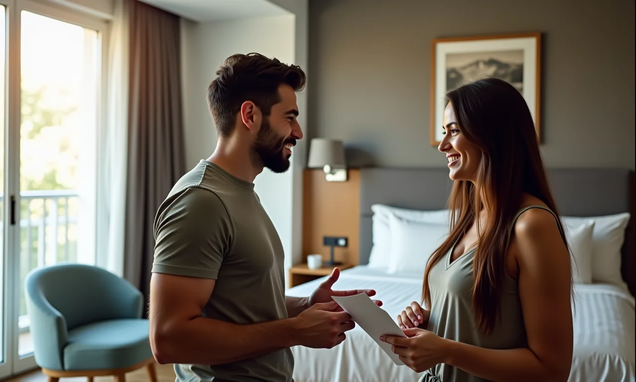 Casal analisando os termos de reembolso parcial em contrato de hospedagem.