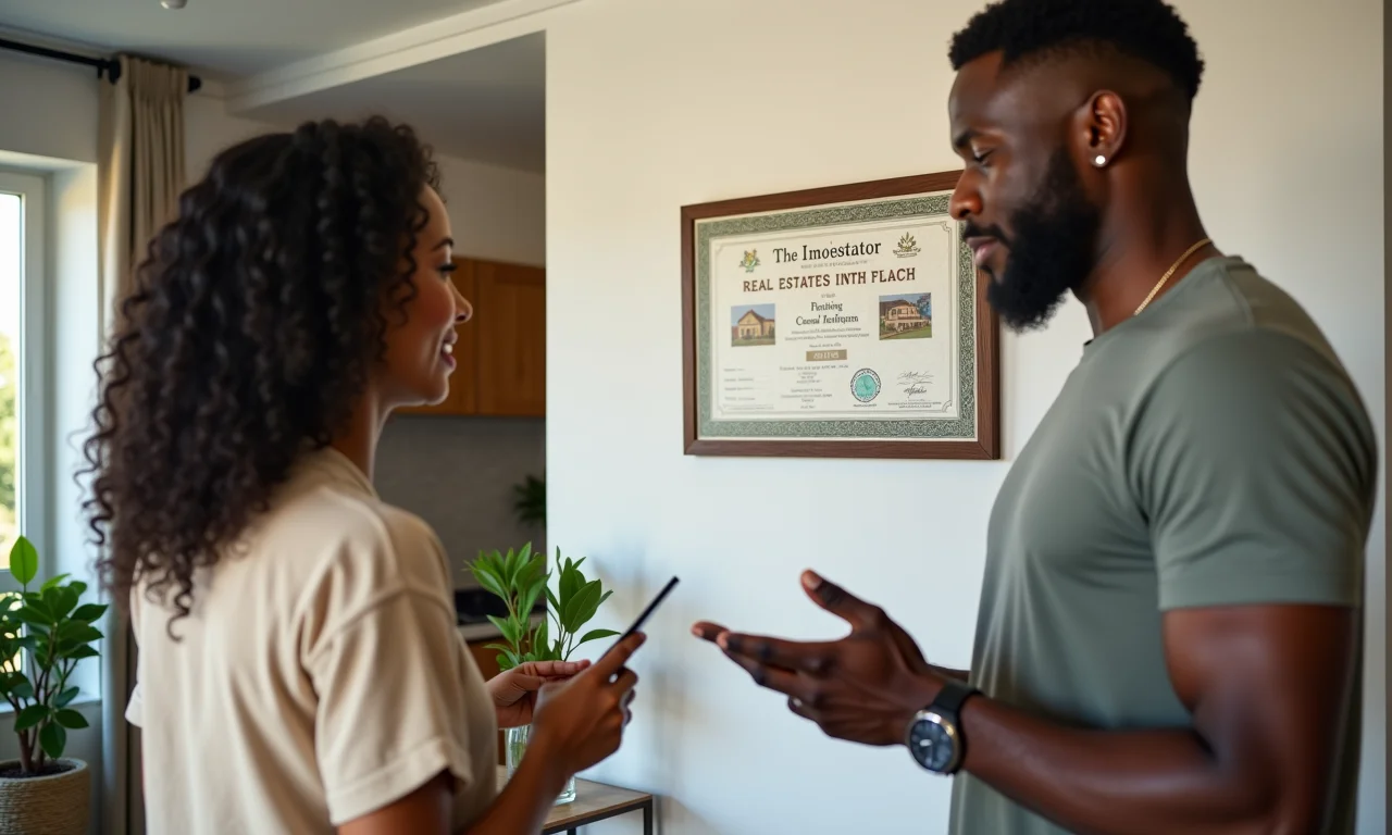 Casal investindo em imóveis tokenizados em ambiente moderno.