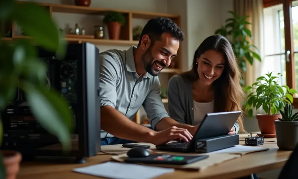 Casal montando PC para uso doméstico em ambiente aconchegante.