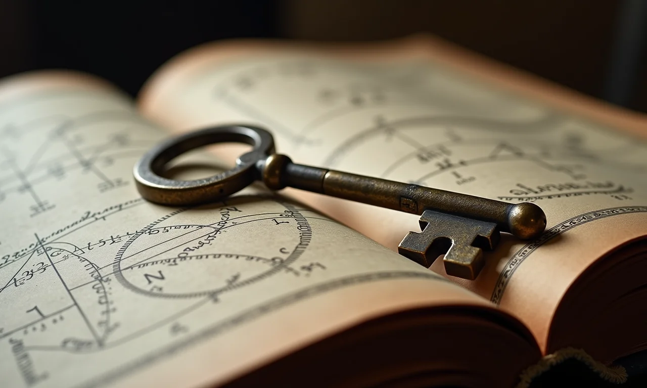 Chave antiga sobre livro com fórmulas matemáticas, simbolizando a desmistificação da herança.