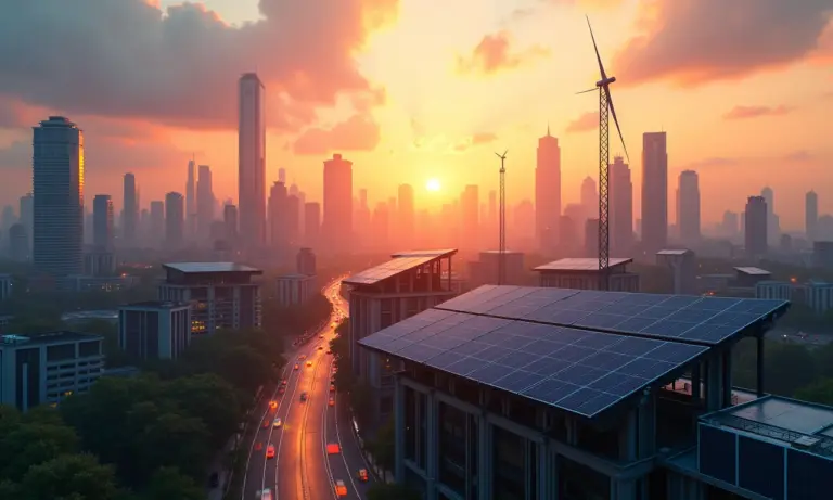 Cidade futurista com energia renovável combatendo mudanças climáticas.