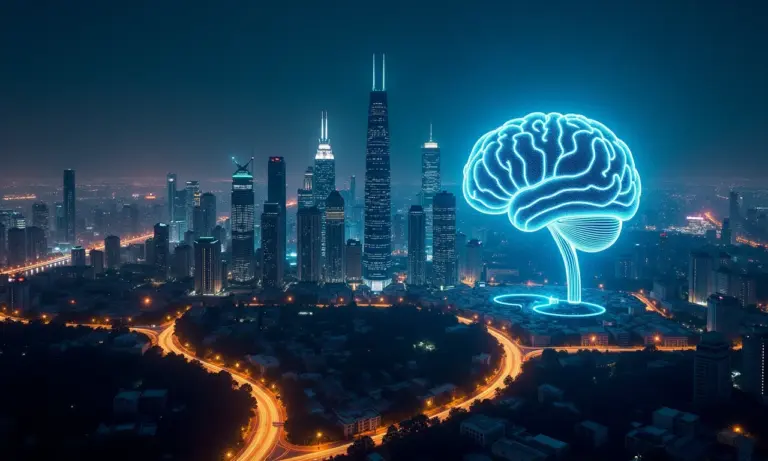Cidades futuristas com prédios em forma de cérebro de IA representando o domínio .ai.