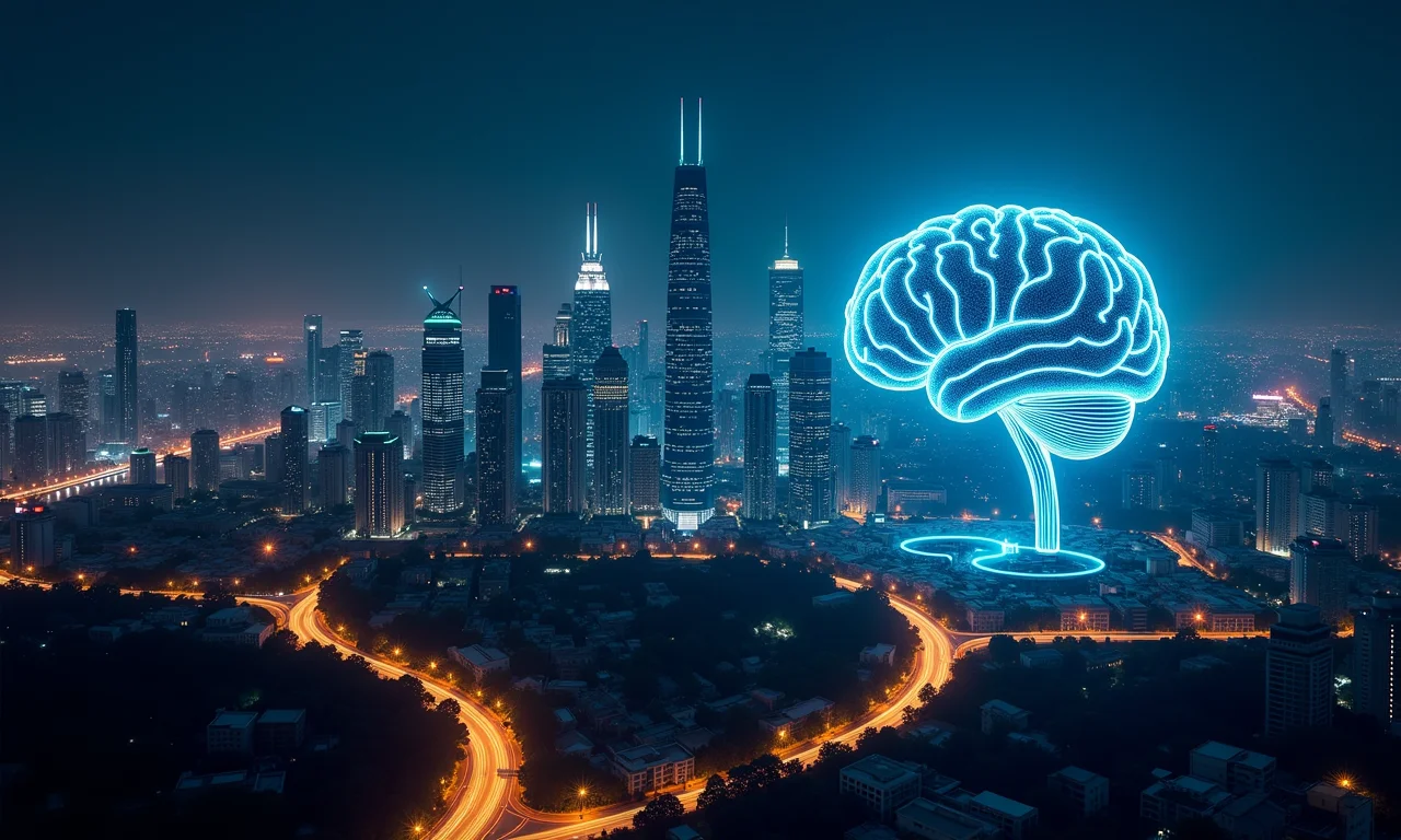 Cidades futuristas com prédios em forma de cérebro de IA representando o domínio .ai.