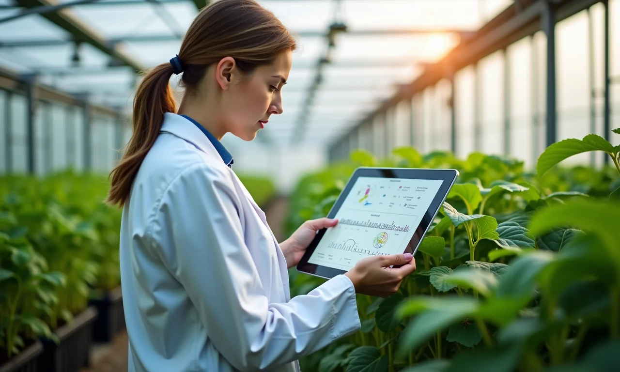 Cientista analisando DNA de planta em estufa moderna.