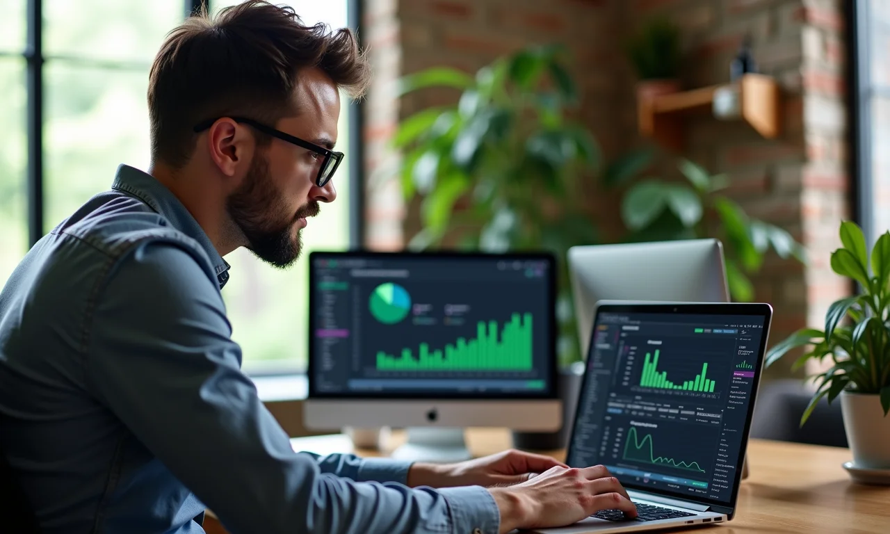 Cientista de dados otimizando campanha de marketing em um laptop.