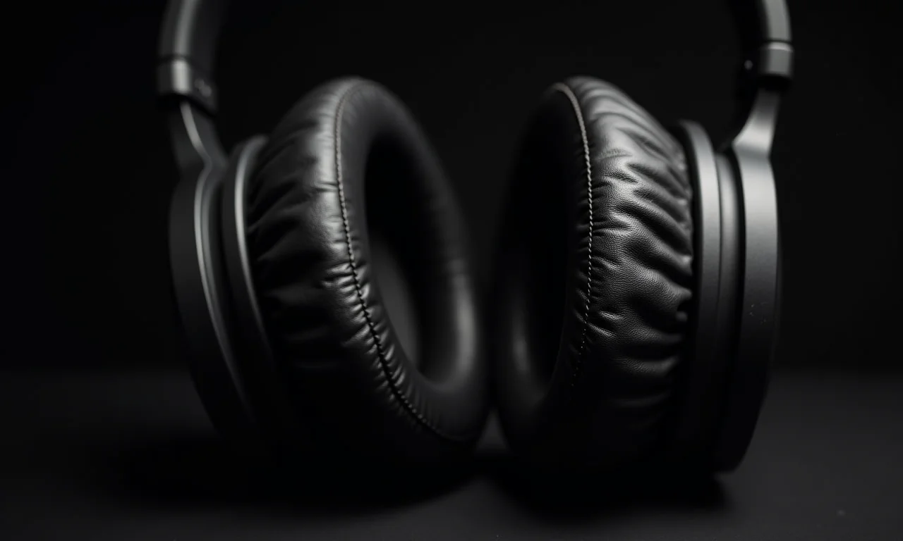 Close-up da earcup de um headset destacando detalhes e símbolos de qualidade de áudio.