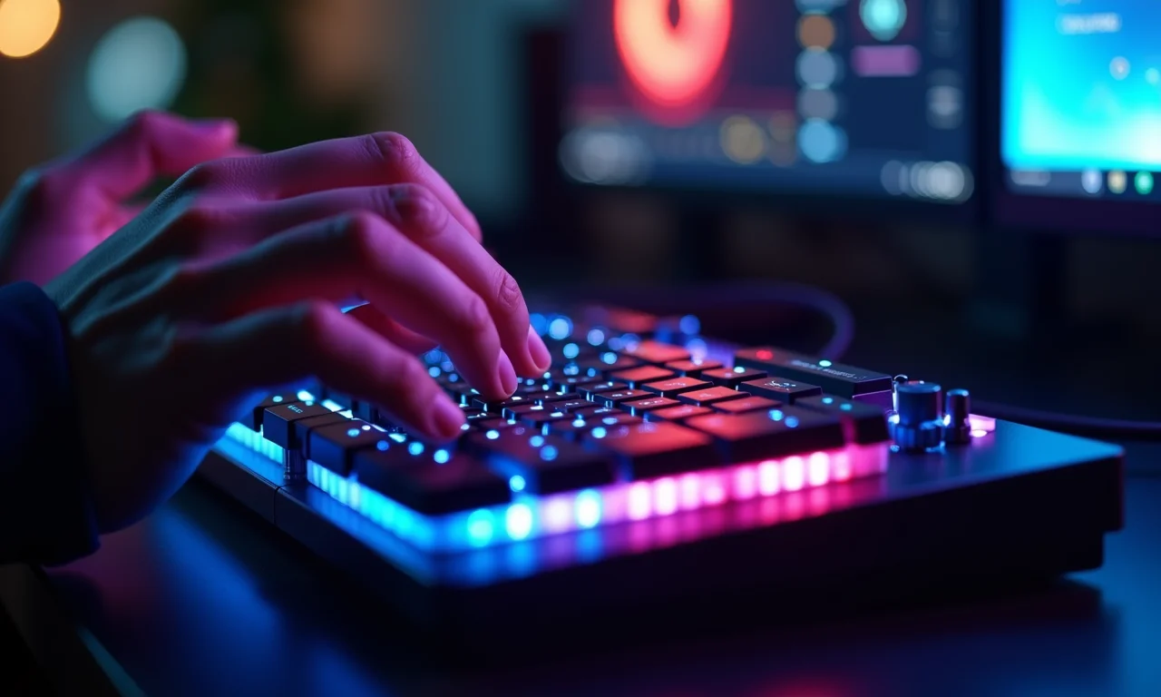 Close-up de mãos de um gamer jogando intensamente em um PC de alta performance com um processador futurista.