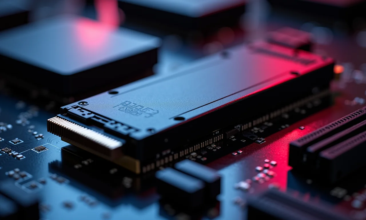Close-up de um SSD NVMe de alta velocidade instalado em uma placa-mãe moderna.