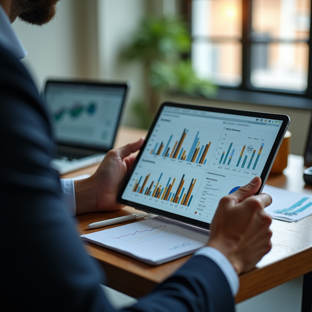 Close-up of a data analyst reviewing marketing metrics on a tablet in a vibrant Brazilian office. Analista revisando métricas de marketing em um tablet.