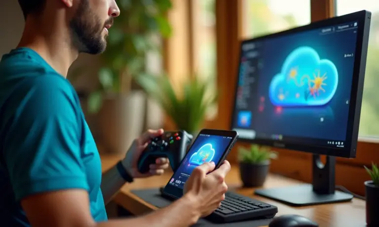 Cloud Gaming versus Hardware Local: pessoa jogando em PC e celular.