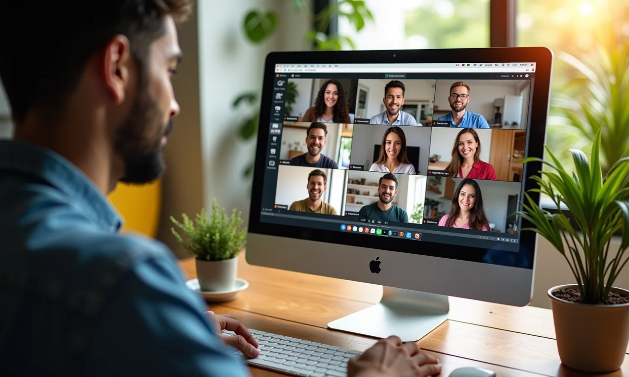 Colaboração remota em PC com decoração brasileira vibrante