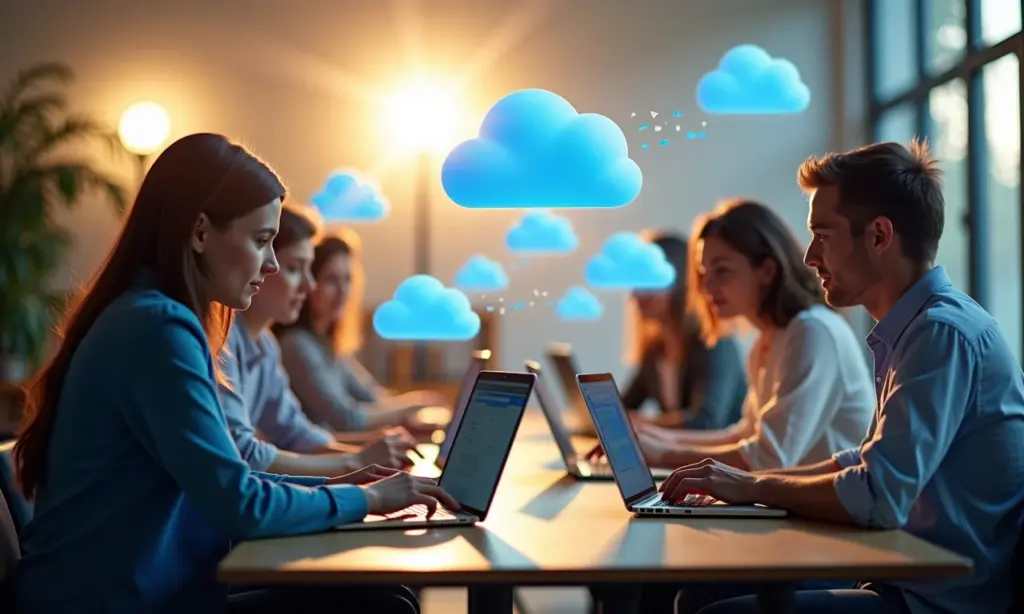 Colaboradores diversos usando laptops com ícones de nuvem, representando sincronização e backup de arquivos.