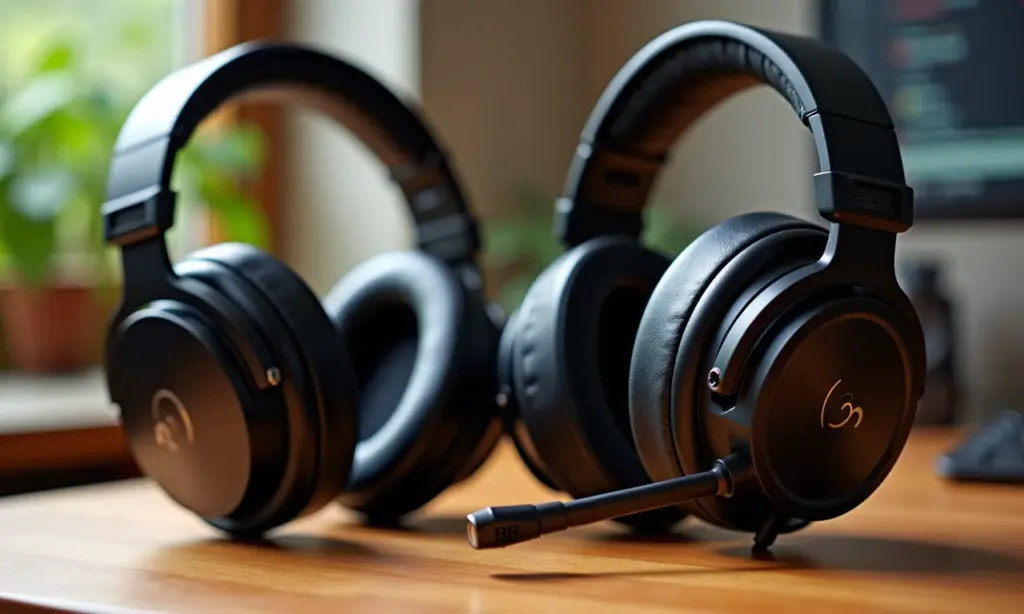 Comparativo de headsets [Marca A] e [Marca B] para jogos, destacando design e qualidade de construção.