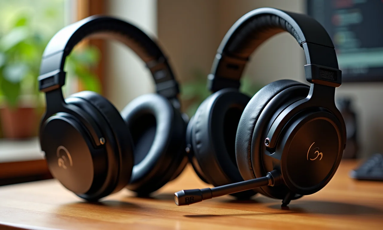 Comparativo de headsets [Marca A] e [Marca B] para jogos, destacando design e qualidade de construção.