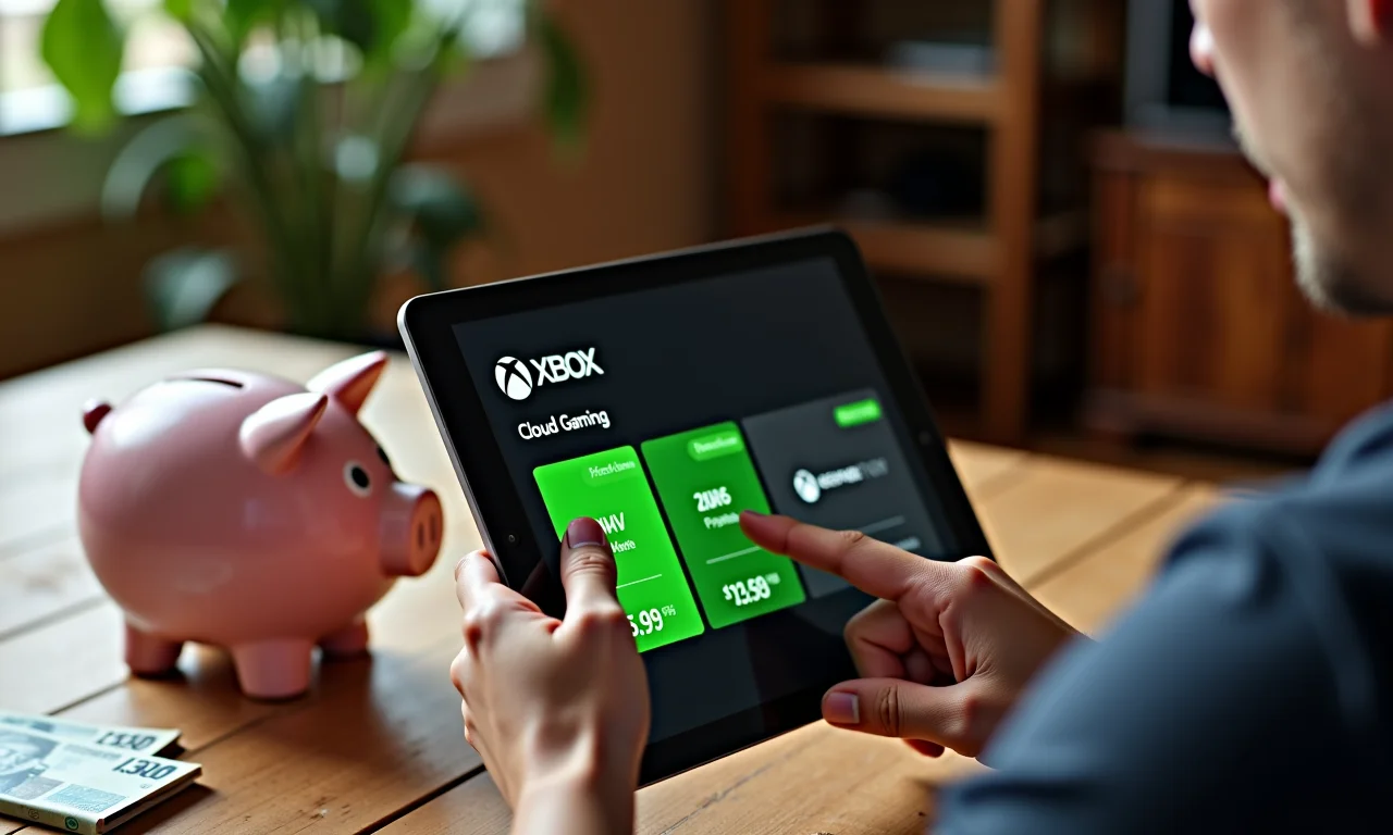 Comparativo de preços entre Xbox Cloud Gaming e GeForce Now em um tablet.