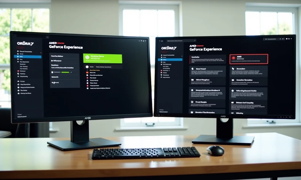 Comparativo visual das interfaces AMD Adrenalin e GeForce Experience.
