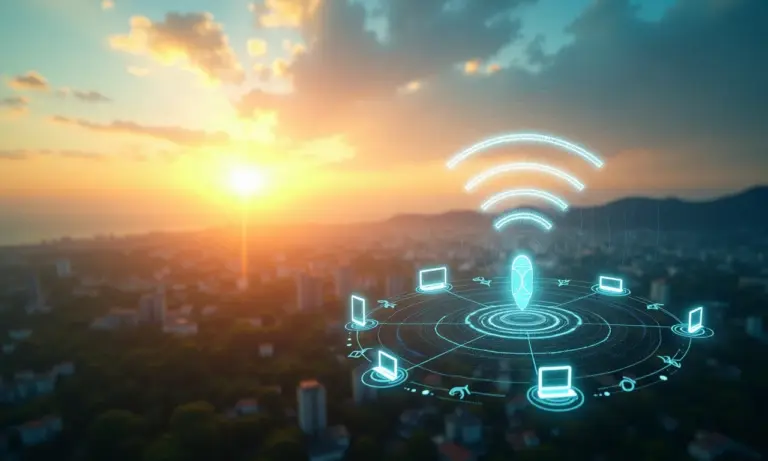 Conectividade Wi-Fi HaLow conectando dispositivos inteligentes em paisagem brasileira.