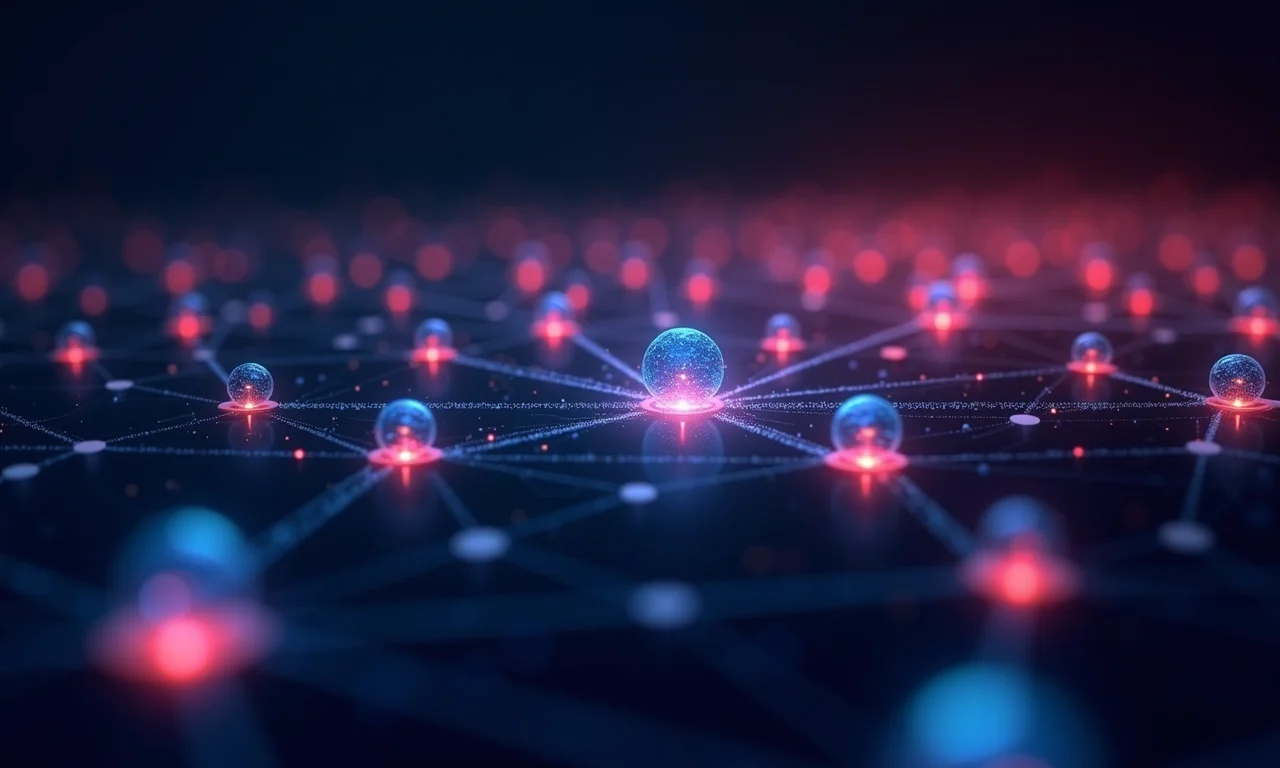 Conexões de API ilustradas como nós brilhantes ligando dispositivos e fontes de dados.