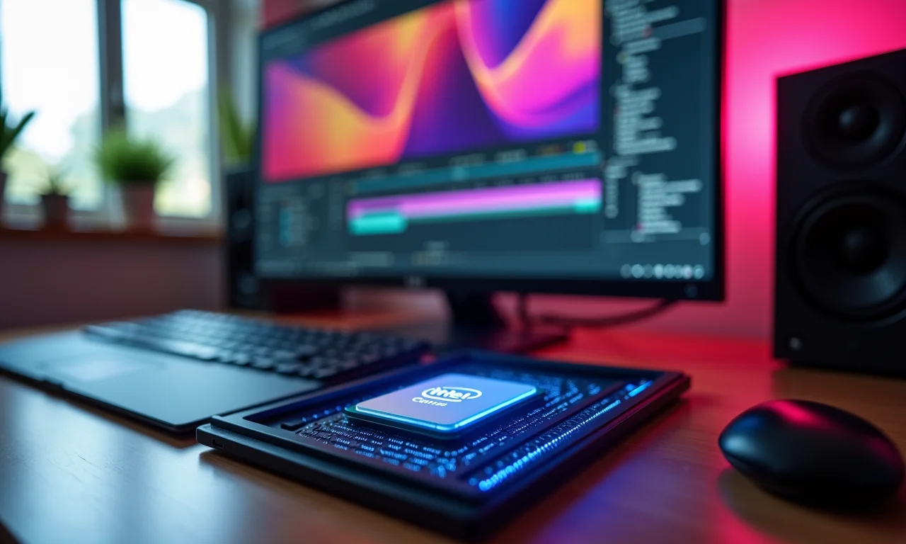 Configuração de PC moderna com processador Intel Core i7/i9 rodando Adobe Premiere Pro.