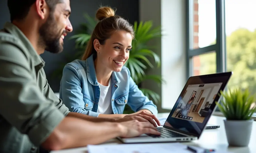 Corretores de Imóveis Qual o Melhor Processador Para Editar Vídeos de Tour de Imóveis Corretor de imóveis editando vídeo de tour imobiliário em laptop potente, escritório moderno e iluminado.