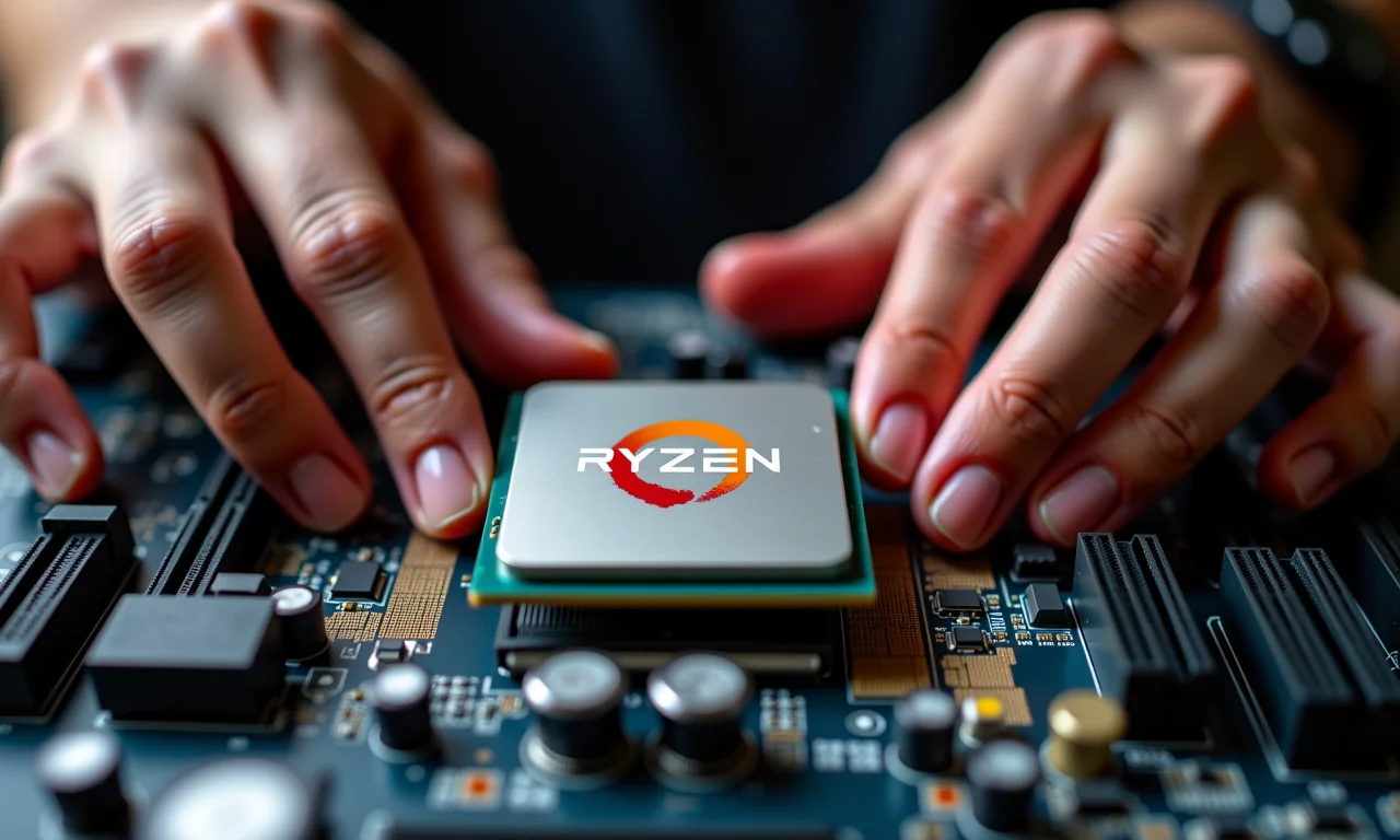 CPU AMD Ryzen 7000 Series em uma placa-mãe, com mãos de um revisor de tecnologia.
