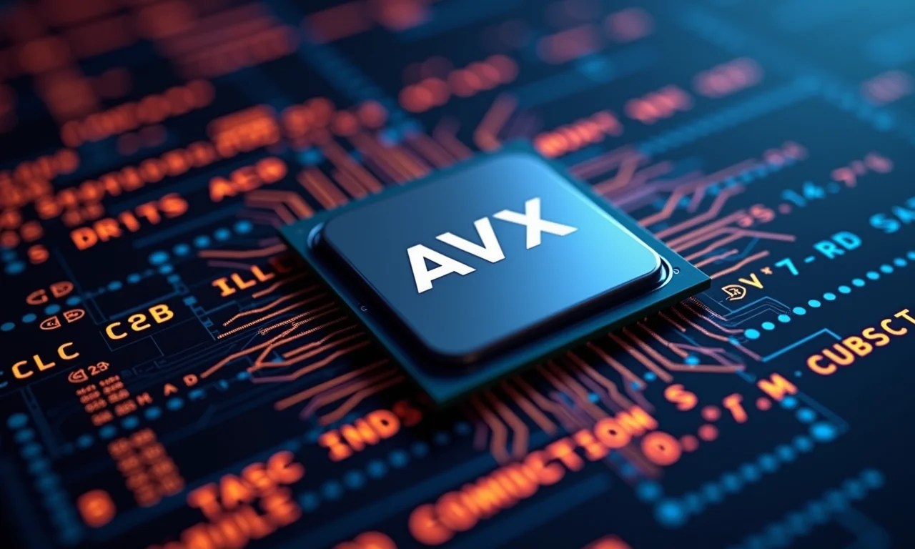 CPU com o logotipo do conjunto de instruções AVX exibido sobre a tela com código shader.