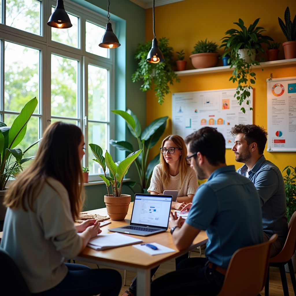 Creative team brainstorming Facebook Ads campaign ideas in a colorful, plant-filled Brazilian Equipe criando campanhas criativas para Facebook Ads.
