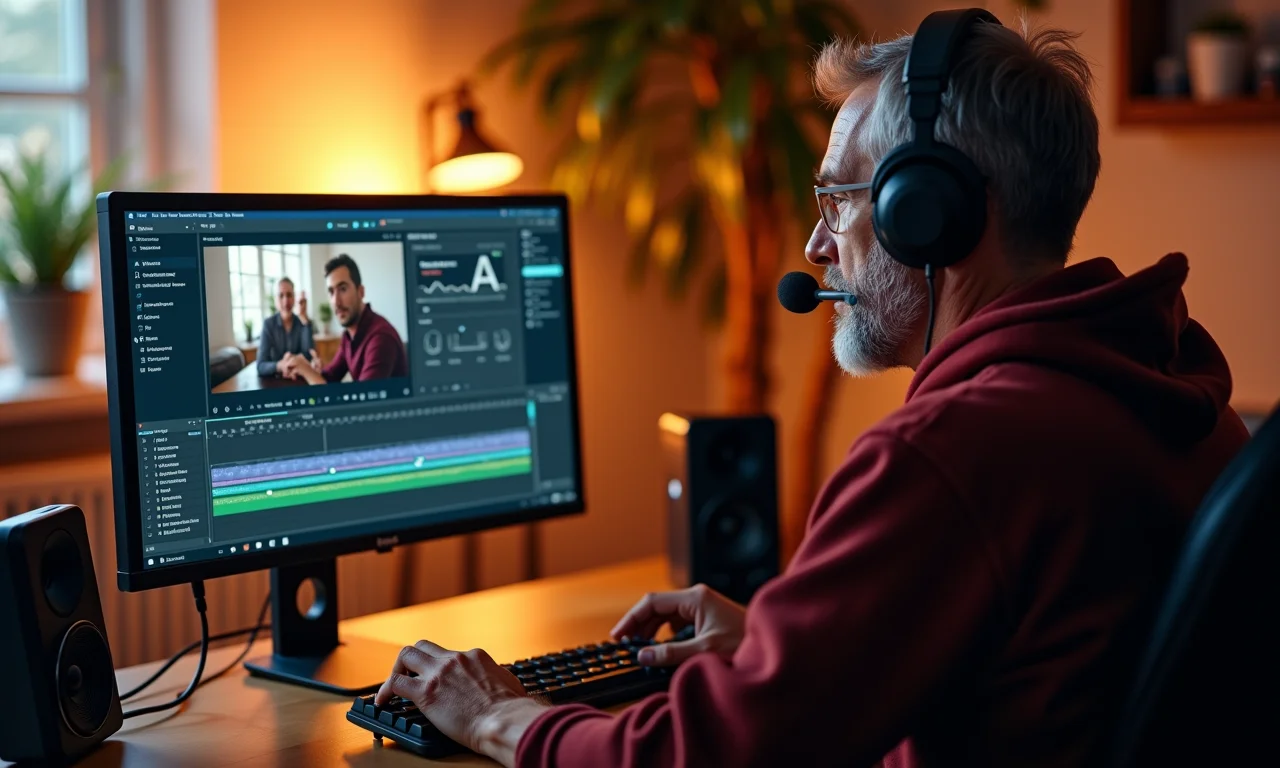 Criador de conteúdo trabalhando em edição de vídeo em um PC.