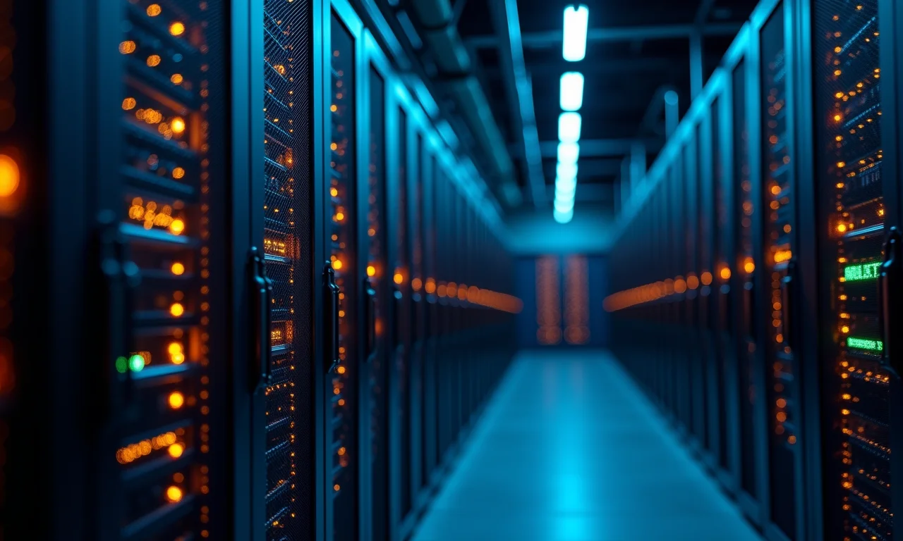 Data center com servidores luminosos, representando a infraestrutura de aplicações IoT.